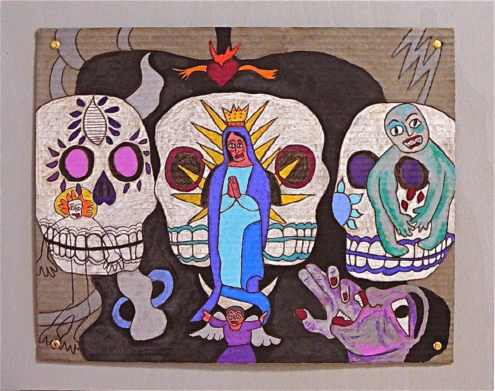 výkres, malování, ilustrace, ruce, srdce, anděl, předvečer Všech svatých, umělecká díla, nachový, DeviantArt, dřevo, žlutý, modrý, Šedá, rty, dítě, lebka, Mexiko, náboženský, kostra, Dovolená, růžový, náboženství, modlí, lepenka, UMĚNÍ, srdíčka, moderní umění, andělé, fantazie, modlitby, hlava, podivný, rawart, lidové umění, outsiderart, soudobé umění, surrealismus, expresionismus, naiveart, visionaryart, primitiveart, jenniferbeinhackercom, religiousart, religiousfigures, artnaif, pastely, naifart, artoncardboard, watersolublepastels, překližka, cardboardart, ofrenda, moderní umění, font, lebky, den smrti, prayinghands, Panna Maria, mexicanfolkart, artoutletorg, ourladyofguaduloupe, diadelosmuertos, paintedskulls, 31october, ofrenda2009, ourladyofguadulope, torpedofactoryorg, artshowattorpedofactory, visual arts