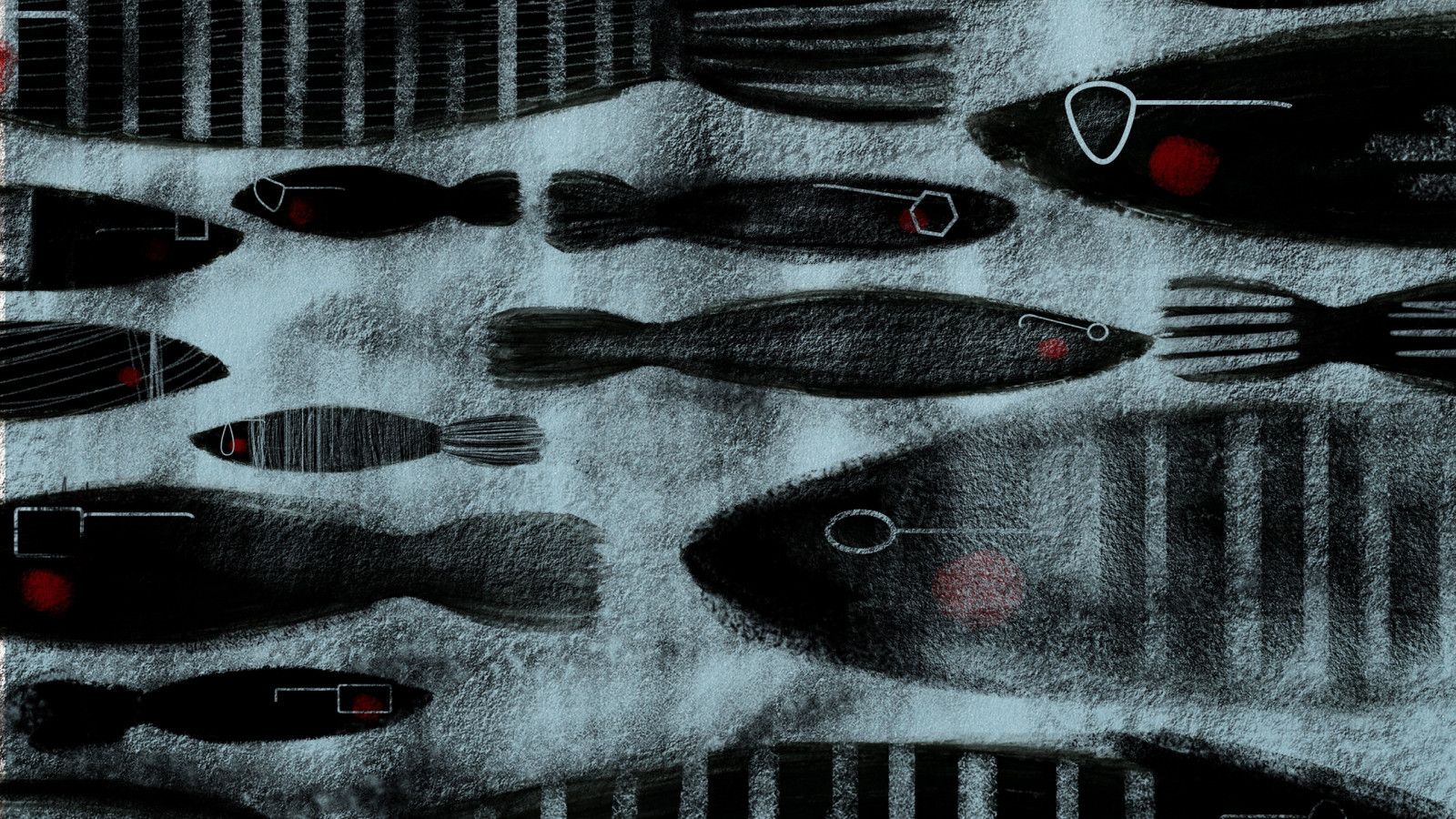 výkres, Černá, ilustrace, digitální umění, zvěř, černobílý, jednoduché pozadí, brýle, Červené, umělecká díla, Ryba, pruhy, UMĚNÍ, Černý a bílý, monochromatické fotografování