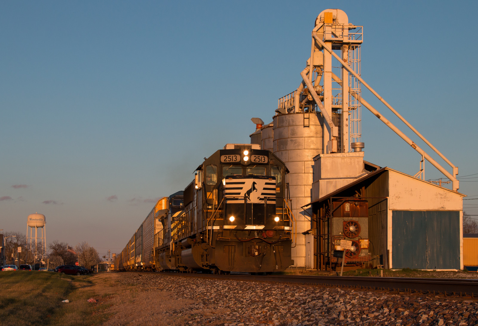 Wallpaper sky, vehicle, train, evening, Mo, railroad, missouri, track
