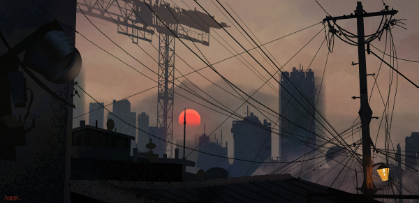Jason Scheier, digital art, sunset, Sun, cranes machine, utility pole