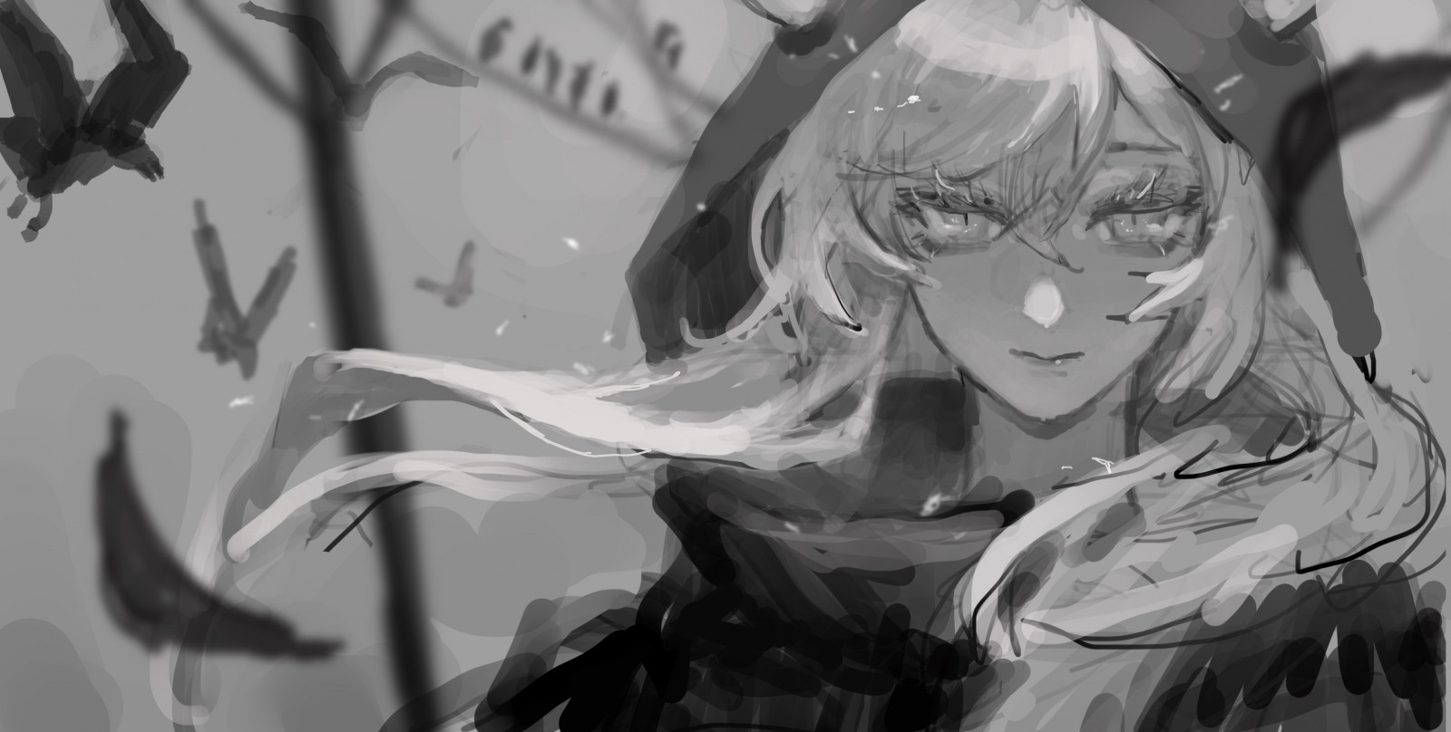 par, gură, negru, alb-negru, gest, desen animat, stil, gri, brunet, ARTĂ, cg artwork, monocrom, Fotografie alb-negru, geană, pictură, par lung, caracter fictional, a închide, visual arts, anime, desen, ilustrare, fictiune, model, grafică, opera de arta, Animated cartoon, animaţie, Hime cut, întuneric, design grafic, portret, mitologie, aripă