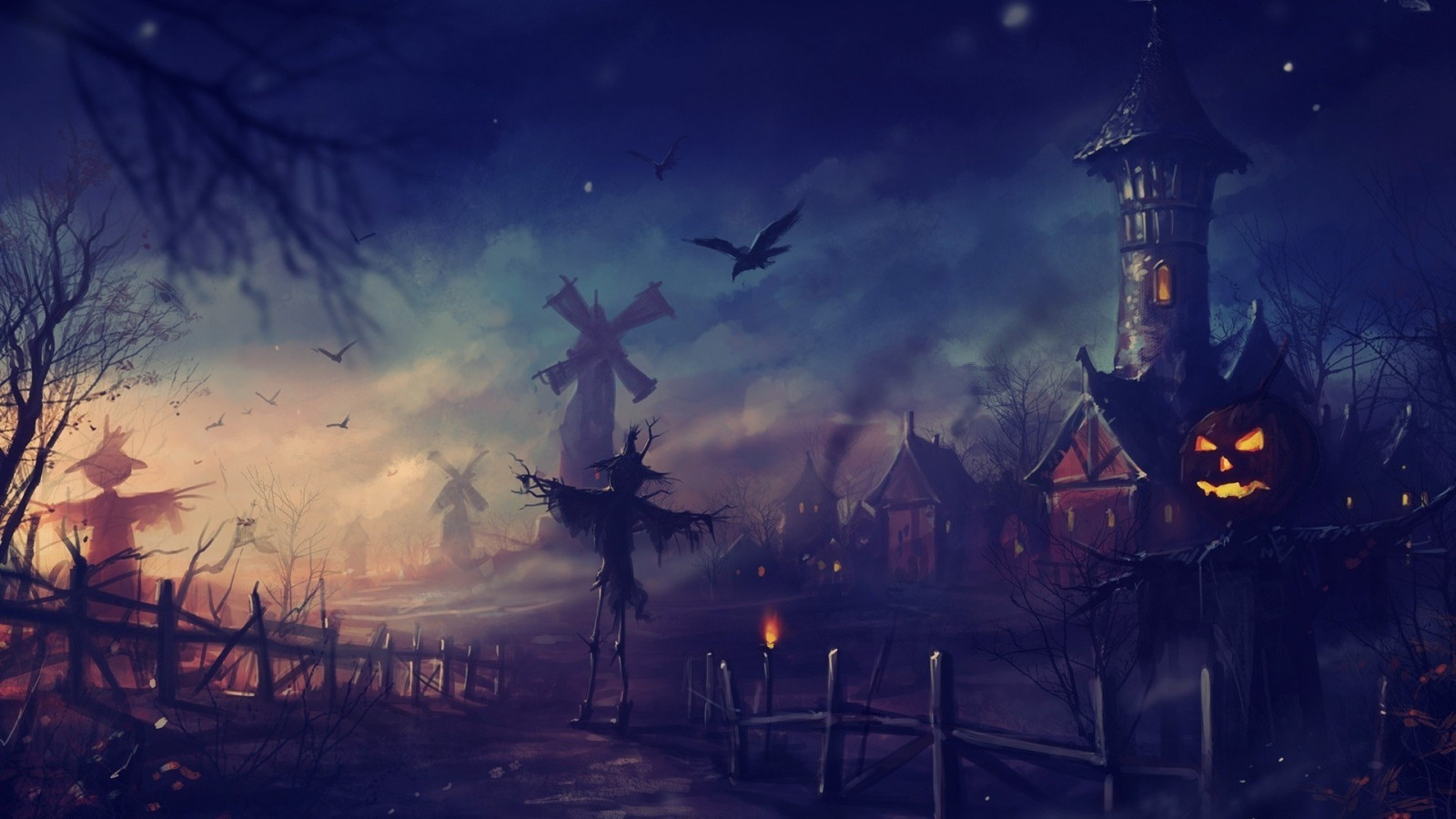 fantasy umění, noc, předvečer Všech svatých, dýně, umělecká díla, večer, tma, Snímek obrazovky, 1920x1080 px, počítač tapeta, Atmosféra Země