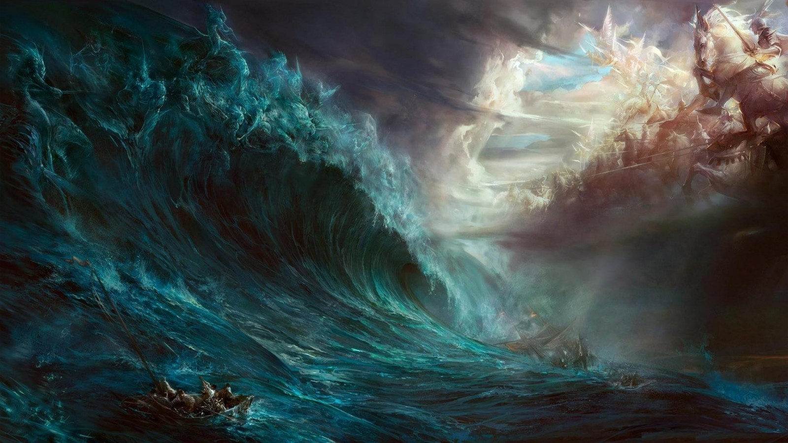 2048x1152 px, artwork, Cronus, Duivel, digitale kunst, fantasy art, God, zee, schip, storm, oorlog, Zeus