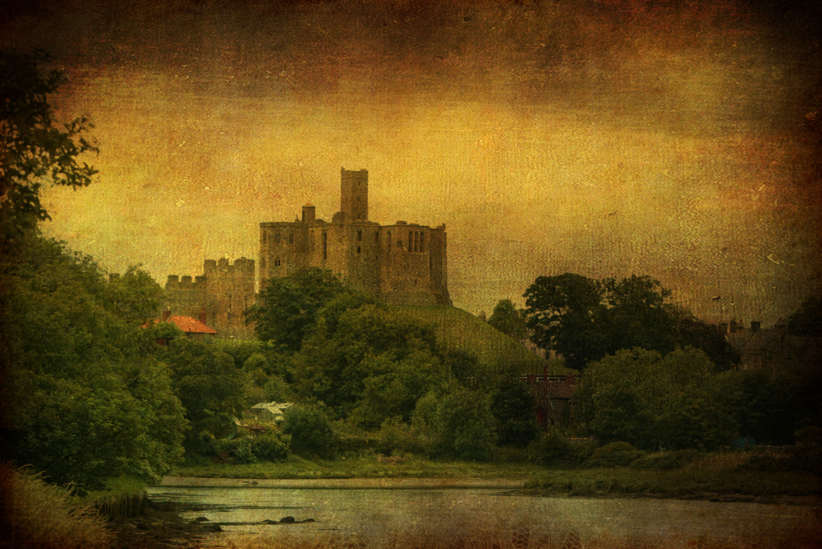 krajina, malování, Příroda, budova, tráva, nebe, Anglie, večer, ráno, hrad, textura, atmosféra, texturou, banka, mrak, strom, louka, memoriesbook, textury, texturized, robertsartgallery, zámky, venkov, počítač tapeta, visual arts