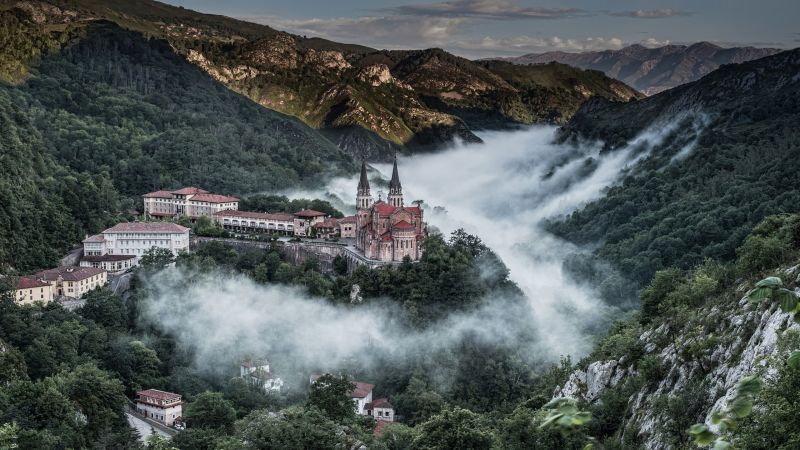 vodopád, hrad, mlha, fjord, krajina, hory vodopád, hrad, mlha, fjord, krajina, hory