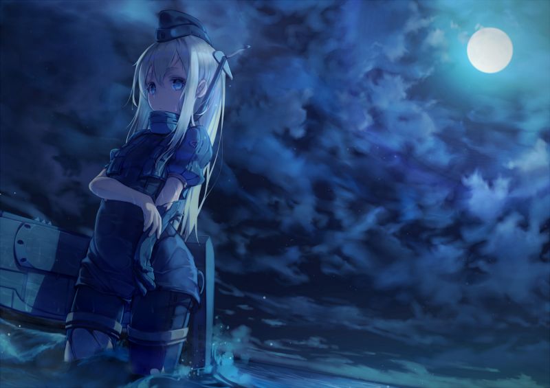 anime dívky, modrý, voda, prostor, mraky, Měsíc anime dívky, modrý, voda, prostor, mraky, Měsíc