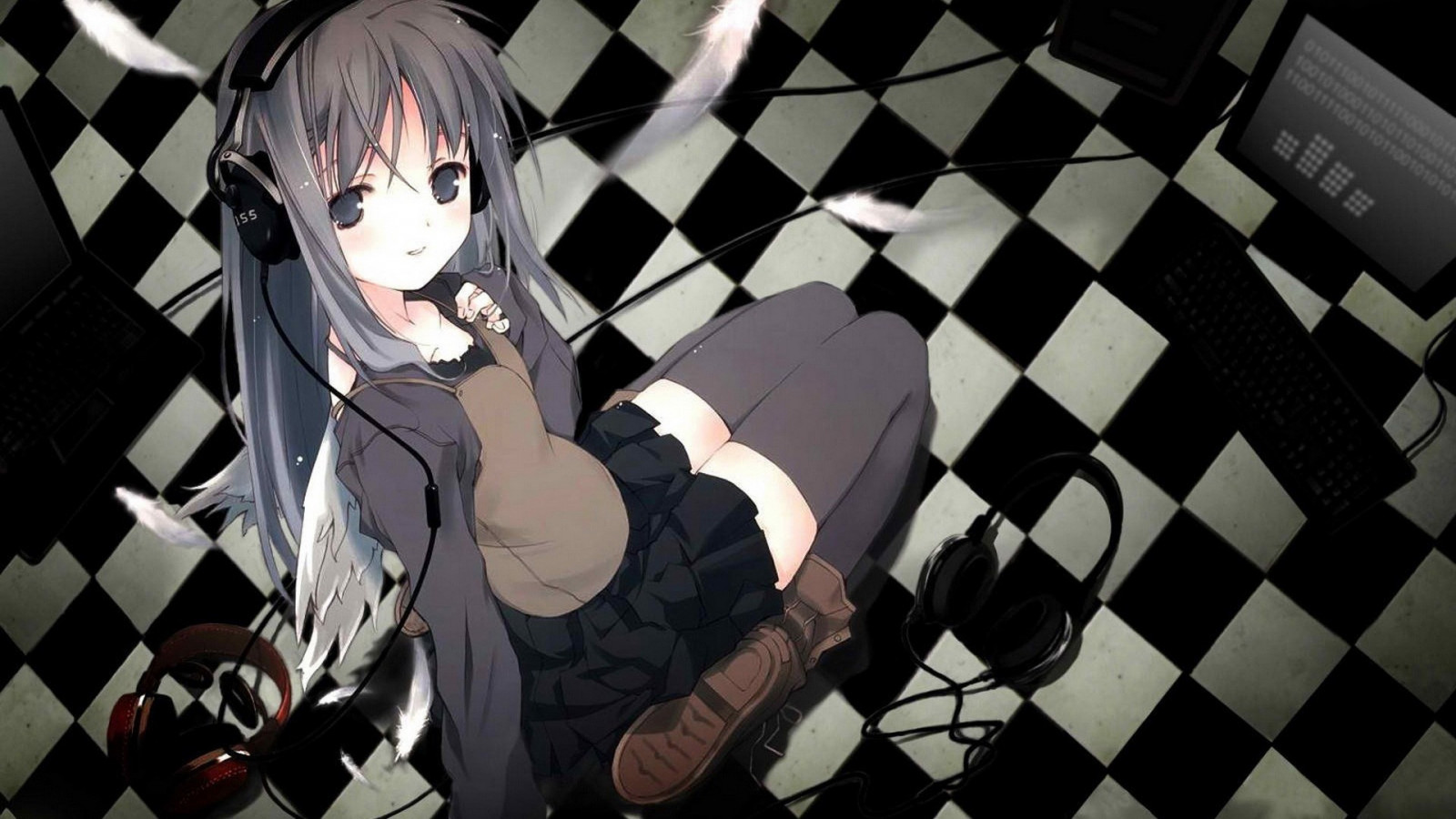 sort, monokrom, anime, Anime piger, lår højder, originale karakterer, hovedtelefoner, skærmbillede