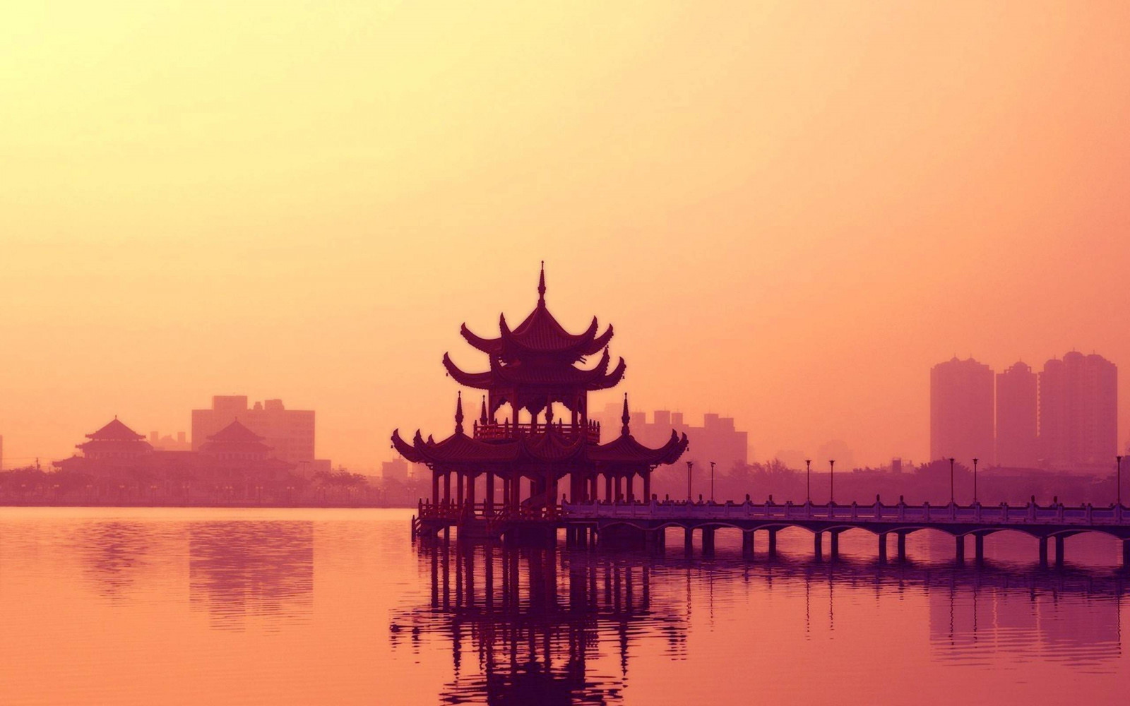 Wallpaper temple, sunset, cityscape, China, water, reflection