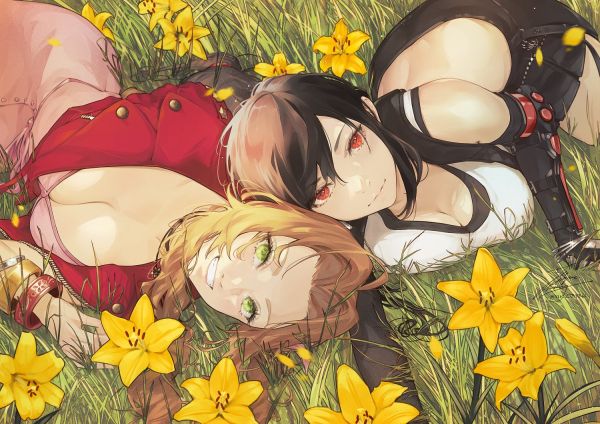Final Fantasy VII,Tifa Lockhart,big boobs,Aeris Gainesbourg,flowers,red eyes