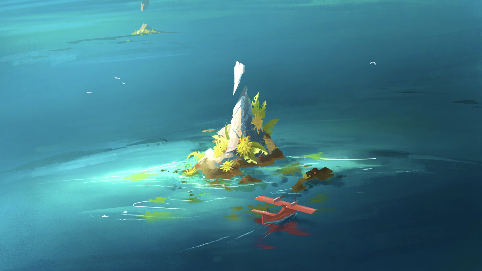 Ingram Schell, umělecká díla, moře, letadla, ostrov, plovoucí ostrov, ptactvo