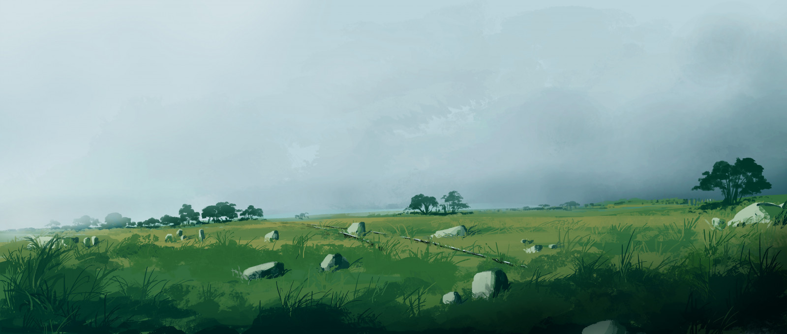 Gracile, digitální umění, umělecká díla, ilustrace, Ultrawide, wide screen, krajina, Příroda, pole, skály, stromy, zelená, nebe