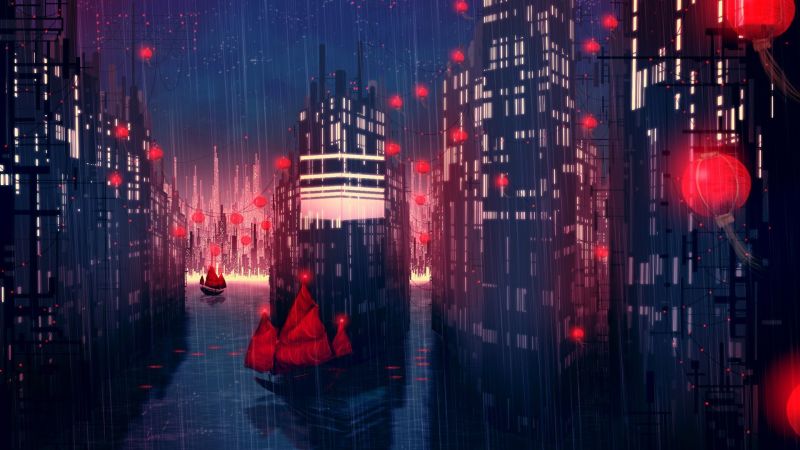 fantasy art, red, reflection, boat, city, night fantasy art, red, reflection, boat, city, night