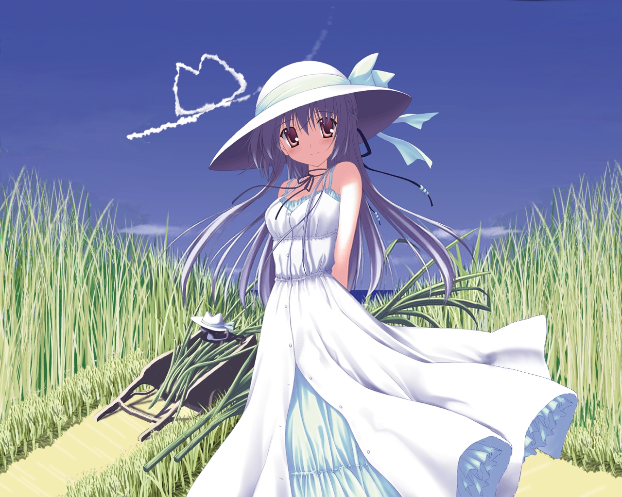 ilustrace, anime, Příroda, nebe, čepice, šaty, květ, Nanao naru