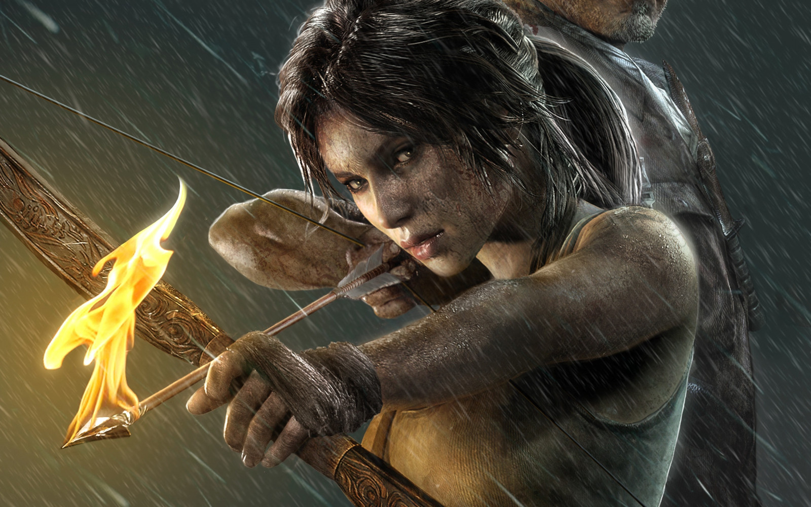 2013, 2560x1600 px, archers, croft, fire, games, girls, lara, raider, rain, tomb, warriors