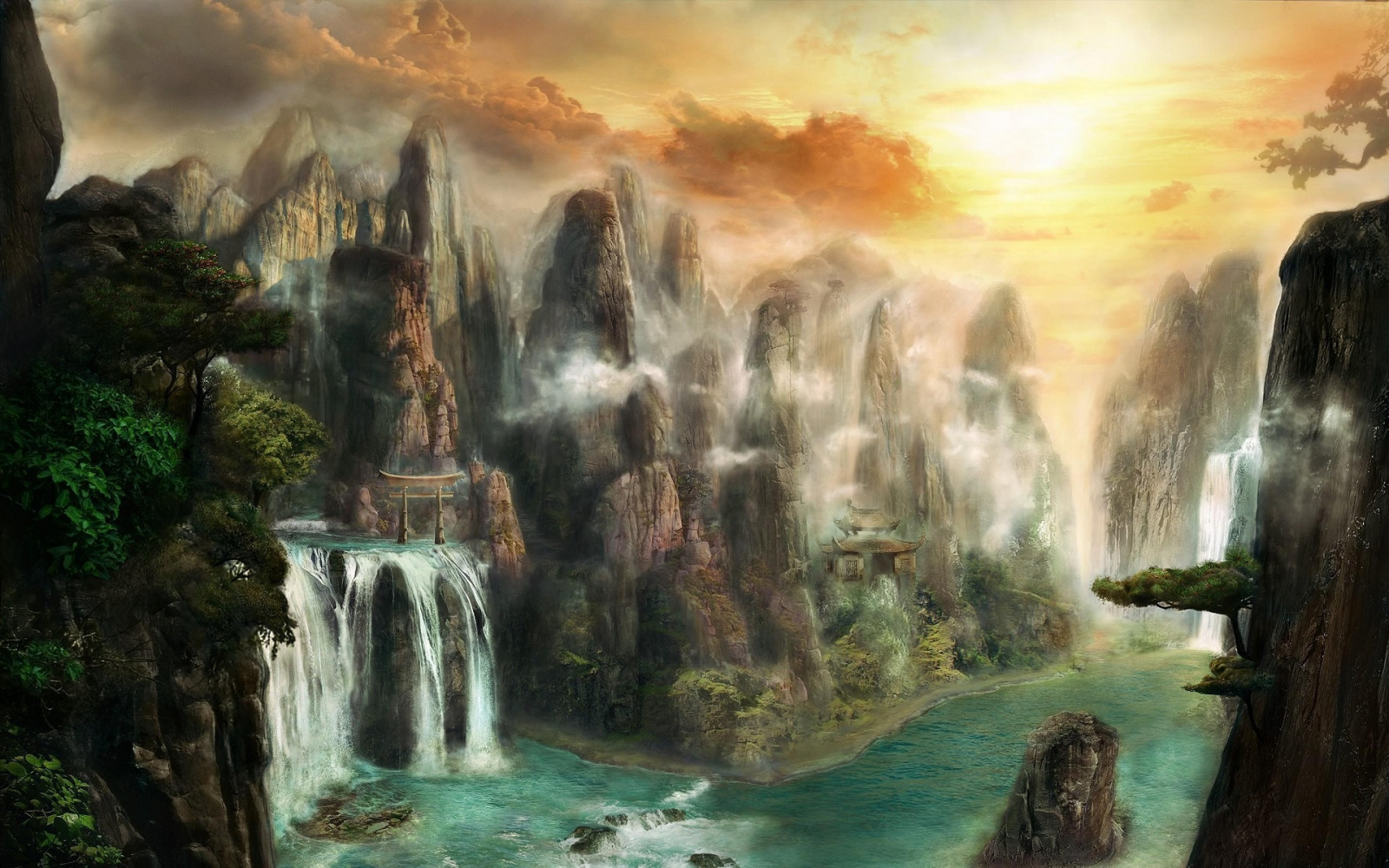 Fondos de pantalla : Obra de arte, Arte fantasía, río, cascada ...