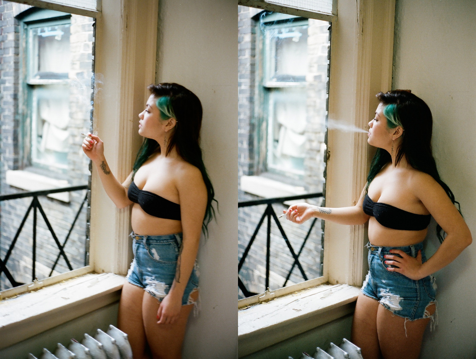modello, finestra, pantaloncini, fumo, fumo, jeans, capelli neri, denim, moda, Canada, biancheria intima, Toronto, Persona, 35MM, capi di abbigliamento, Ontario, superiore, leggero, alto, ragazza, bellezza, naturale, donna, signora, sexy, gamba, fotografia, film, sigaretta, jean, corto, Immagine, tubo, vita, servizio fotografico, indumento intimo, dittico, bandeux
