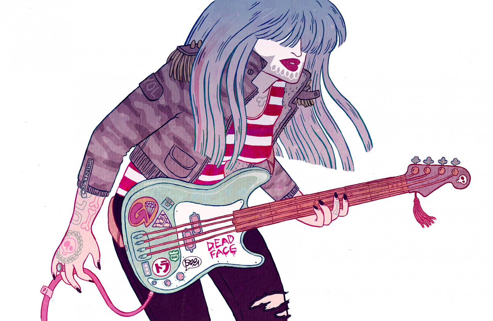 ilustrace, kytara, hudební nástroj, hudba, móda, lebka, kytarista, elektrická kytara, purpurová, UMĚNÍ, nahoru, udělat, Kirsten, komik, drnkací nástroj, strunný nástroj, baskytara, rocker, lepenková krabice, Rothbart