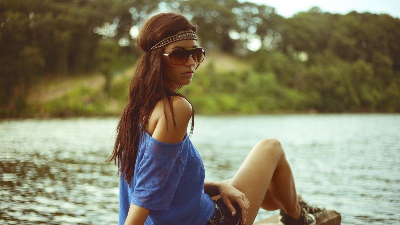 slunečnímu záření, ženy, model, portrét, voda, bruneta