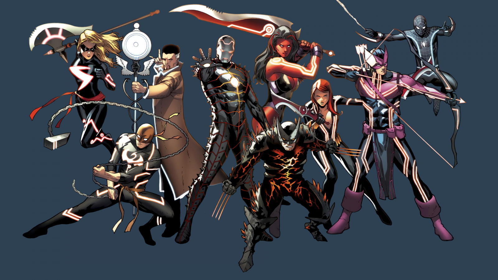 1920x1080 px, umělecká díla, Černá, bodysuits, luk, komiks, doktor, pěst, Hawkeye, Vrak, železo, muž, zázrak, slečna, Červené, ona, pavouk, podivný, super hrdinové, meče, zbraň, zbraně, vdova, Rosomák