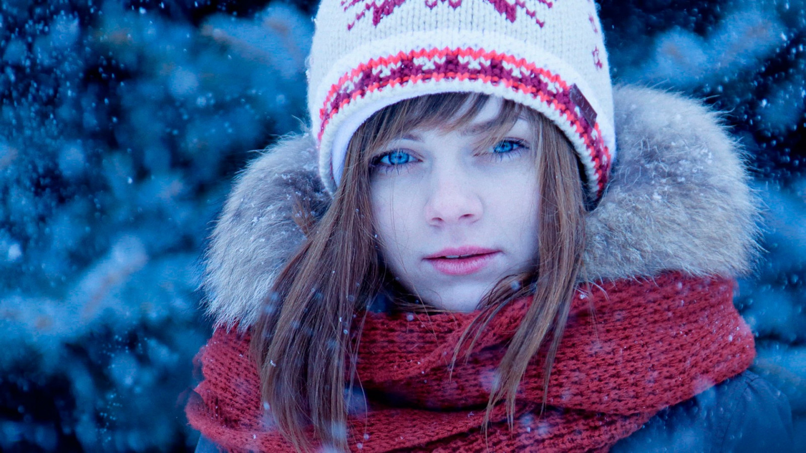 Wallpaper women, blue eyes, red, snow, winter, woolly hat, funny hats