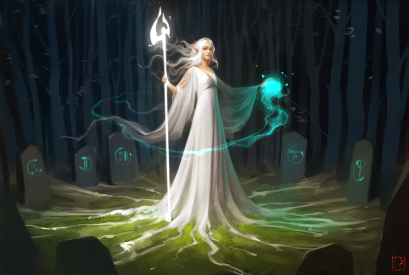 les, anime, fantasy umění, bílé šaty, kouzlo, skřítek les, anime, fantasy umění, bílé šaty, kouzlo, skřítek
