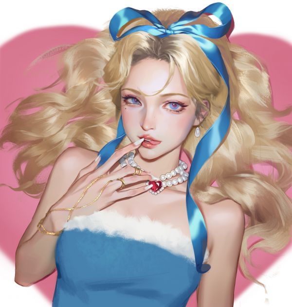 drawing,blue,Liu Ming,ribbon,jewelry,sensual gaze