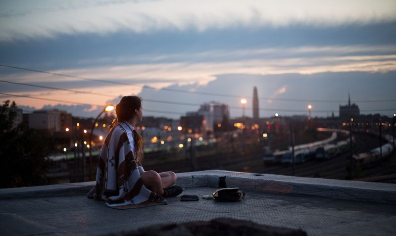 Frau, Sonnenuntergang, Stadt, Straße, Nacht-, Straße