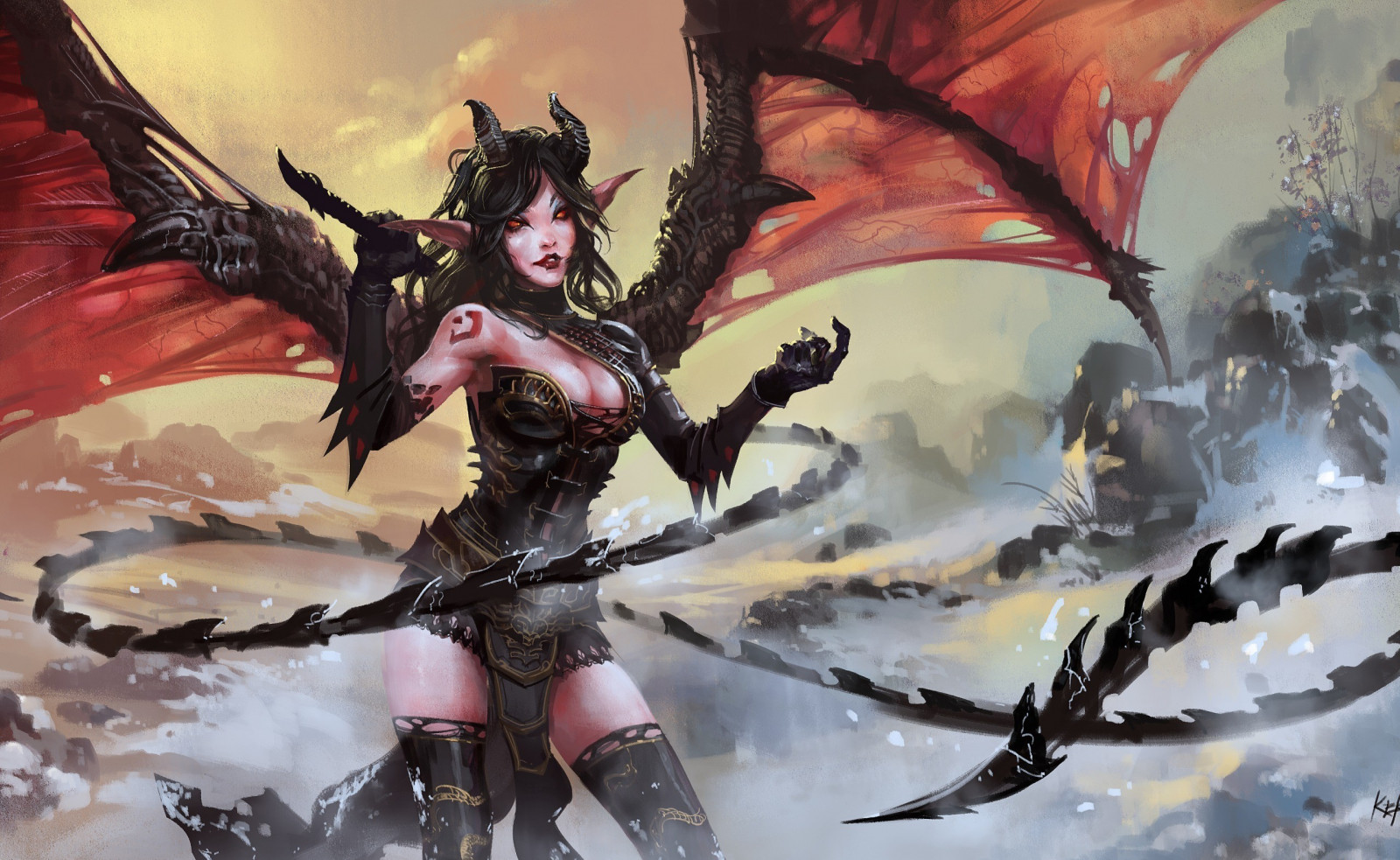 digitale kunst, fantasy art, anime, coulissen, artwork, hoorns, decollete, draak, demon, mythologie, screenshot, fictief personage