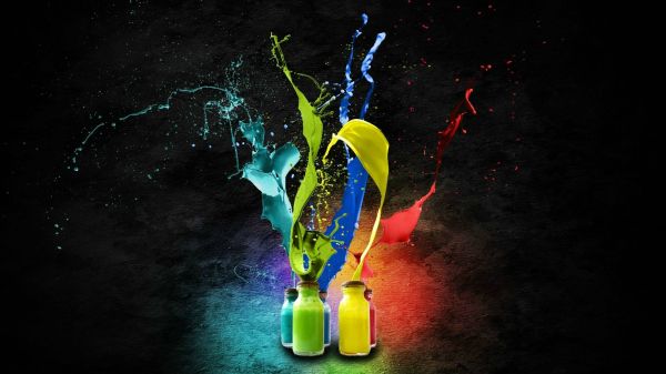 colorful, bottles, artwork, liquid, night, paint splatter