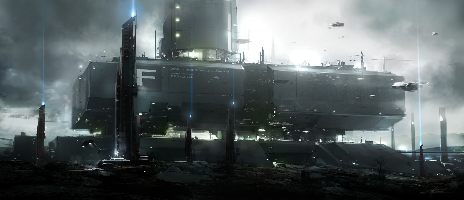 arte digitale, futuristico, veicolo, trasporto, fabbrica, nave fantasma, tempo metereologico, oscurità, immagine dello schermo, industria, fenomeno atmosferico, atmosfera della terra