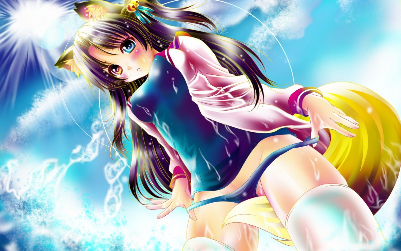 ilustrace, nekomimi, anime, anime dívky, zvířecí uši, heterochromia, Původní znaky, mytologie, kalhotky dolů, počítač tapeta, fiktivní postava, mangaka