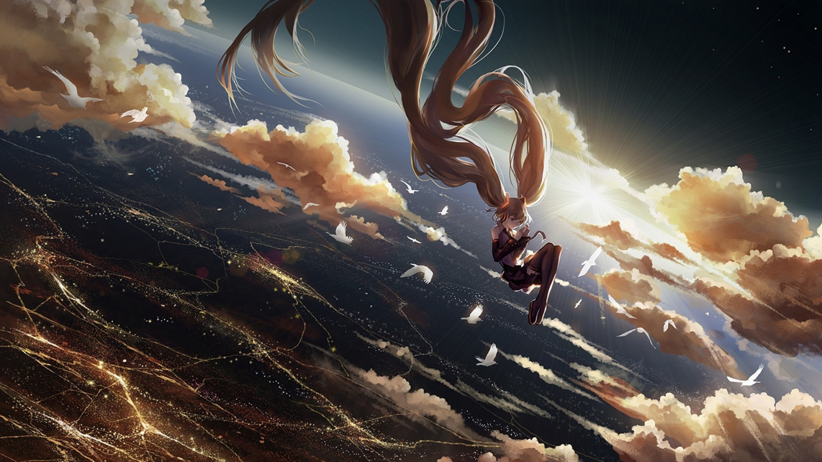 slunečnímu záření, nebe, Země, Vocaloid, Hatsune Miku, padající, mytologie, mrak, Snímek obrazovky, počítač tapeta, Atmosféra Země, vesmír