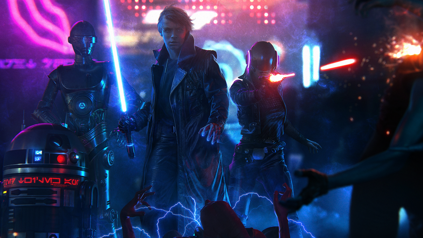 Star wars, cyberpunk, musik, lyssværd, Luke Skywalker, guitarist, underholdning, ydeevne, scene, mørke, koncert, musikteater, rockkoncert, scenekunst