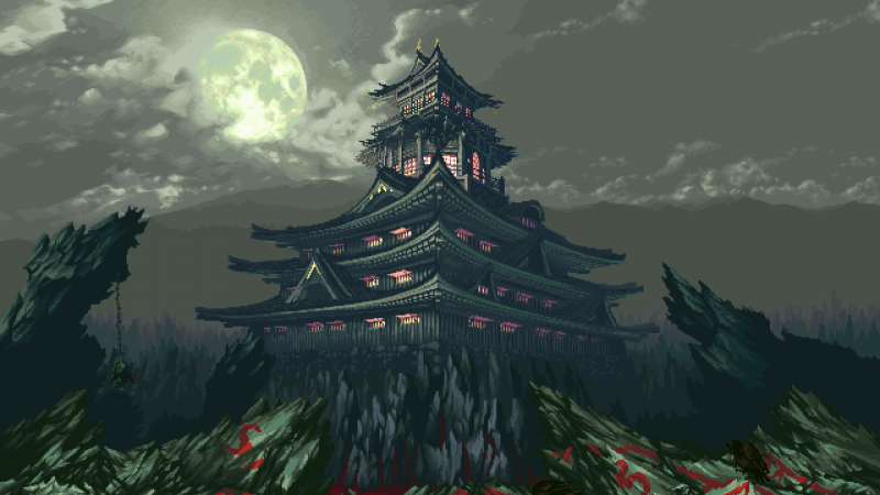 Asian architecture,house,pixel art,rock,clouds,Moon