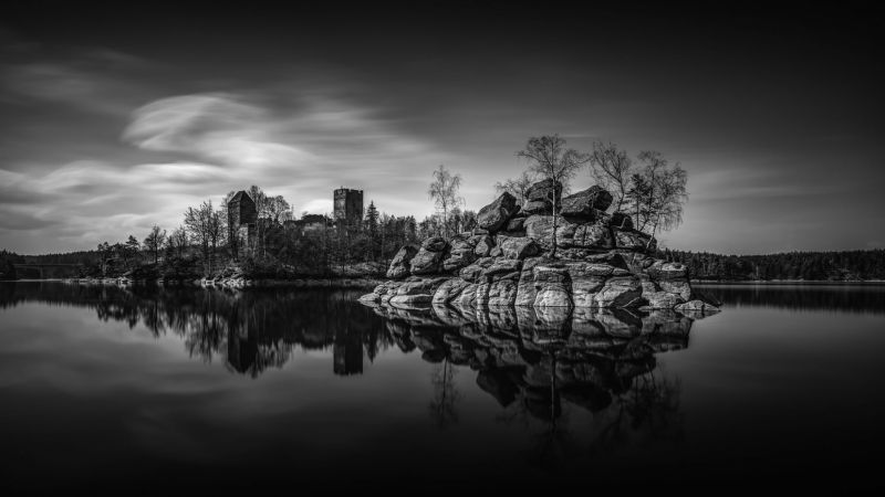 architektura, hrad, starověký, věž, černobílý, stromy architektura, hrad, starověký, věž, černobílý, stromy