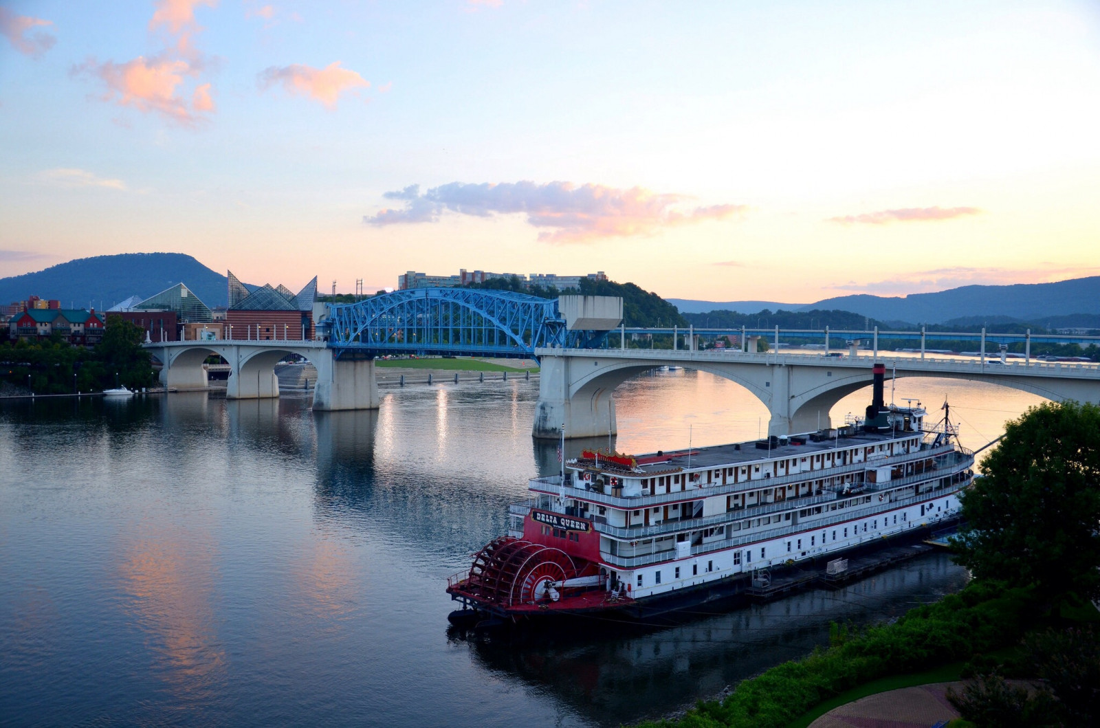 modrý, Červené, nebe, oranžový, bílý, odraz, mraky, večer, flickr, Tennessee, šedá, riverboat, tennesseeriver, chattanoogatn, tennesseeaquarium, deltaqueen