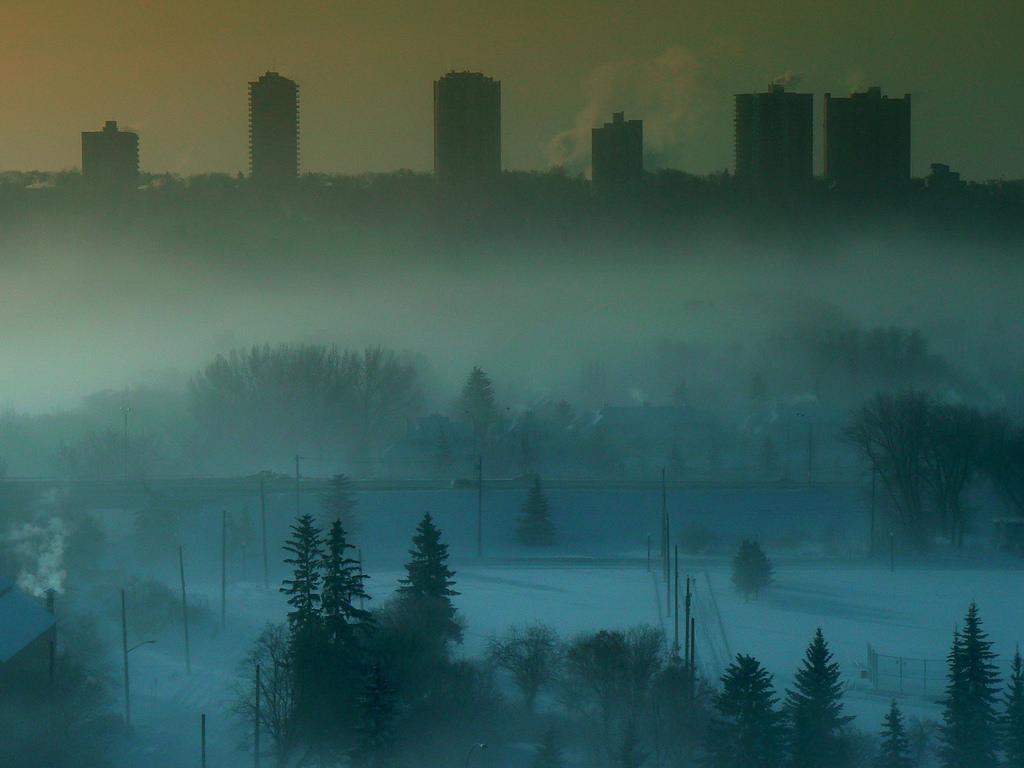 Wallpaper city, trees, sky, urban, mist, Canada, cold, colour, love