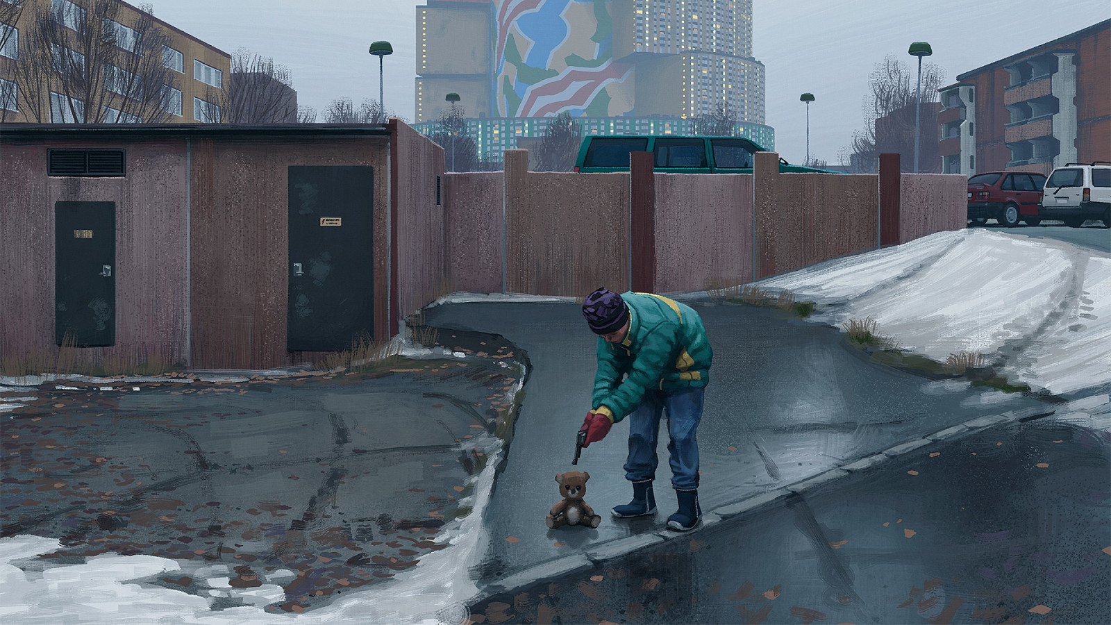 Wallpaper Snow Simon Stalenhag Teddy Bears Revolver Gun Car