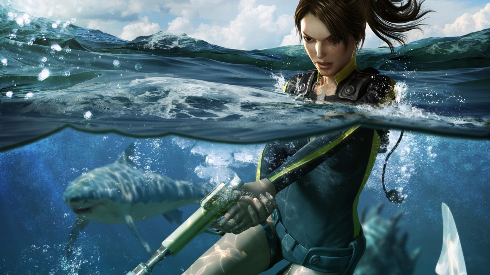 mare, squalo, pesce, subacqueo, Lara Croft, vista suddivisa, delfino, biologia, oceano, immagine dello schermo, 1920x1080 px, biologia marina, mammifero marino