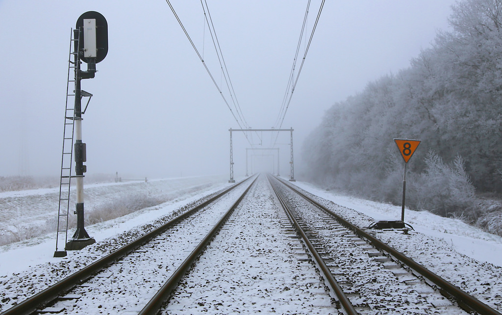 zima, sníh, sneeuw, kolejnice, železnice, dráha, Treinspoor, spoorlijn, prázdný, Leeg, mlha, mlha, mlhavý, stromy, Bomen, mráz, Rijp, signál, Železniční signál, seinpaal, stožár, pól, 8, Nad hlavou, catenarywire, bovenleiding, perspektivní, perspectief, bod zmizení, verdwijnpunt, vzpomínka, Herinnering, krátký, Kort, Kánon, 6d, canoneos6d, canonef24105mmf4lisusm