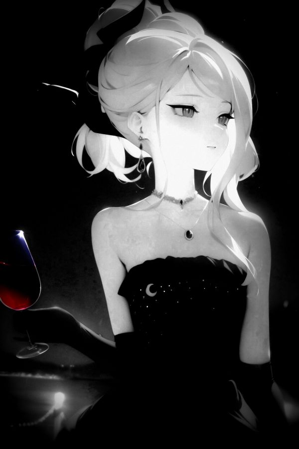 anime girls,monochrome,dress,long hair,Sorasaki Hina Blue Archive,wine