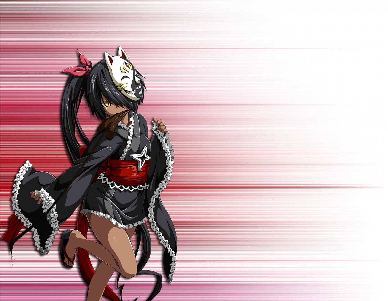 tvář, listy, Černá, ilustrace, oči, anime, anime dívky, To Love-Ru, Červené, nohy, maska, manga, kreslená pohádka, černé vlasy, Červená stuha, kruh, řemen, tmavá kůže, pusa, nos, blending, červené čáry, master Nemesis, Osoba, kostým