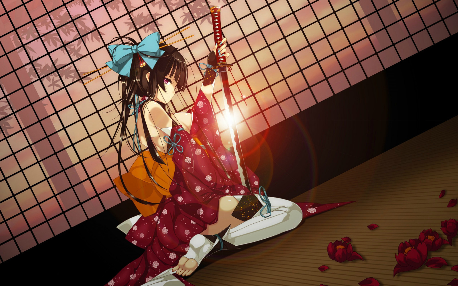 anime, anime girls, rosso, katana, spada, personaggi originali, chimono, ARTE, colore, fiore, performance art