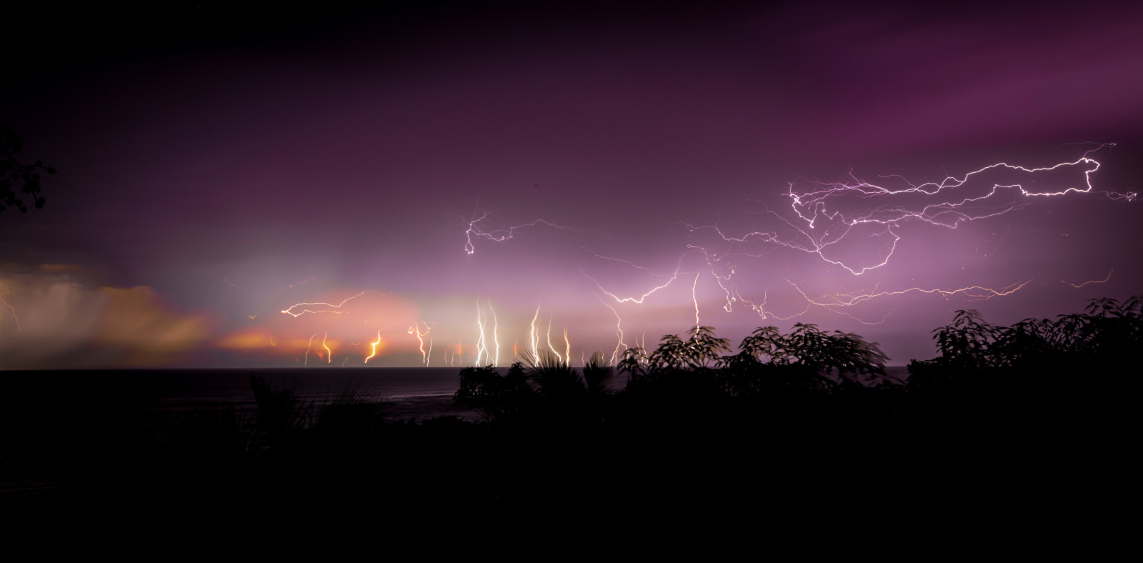 drzewa, krajobraz, Ułożone, noc, niebo, fioletowy, Błyskawica, burza, wieczór, atmosfera, grzmot, Pacyfik, 2014 r, kolor, Chmura, drzewo, ocean, burza z piorunami, Panoramiczny, centralny, ciemność, amerykański, Palmy, Tapeta komputerowa, Zjawisko meteorologiczne, cumulus, zjawisko, Kostaryka, Panarama