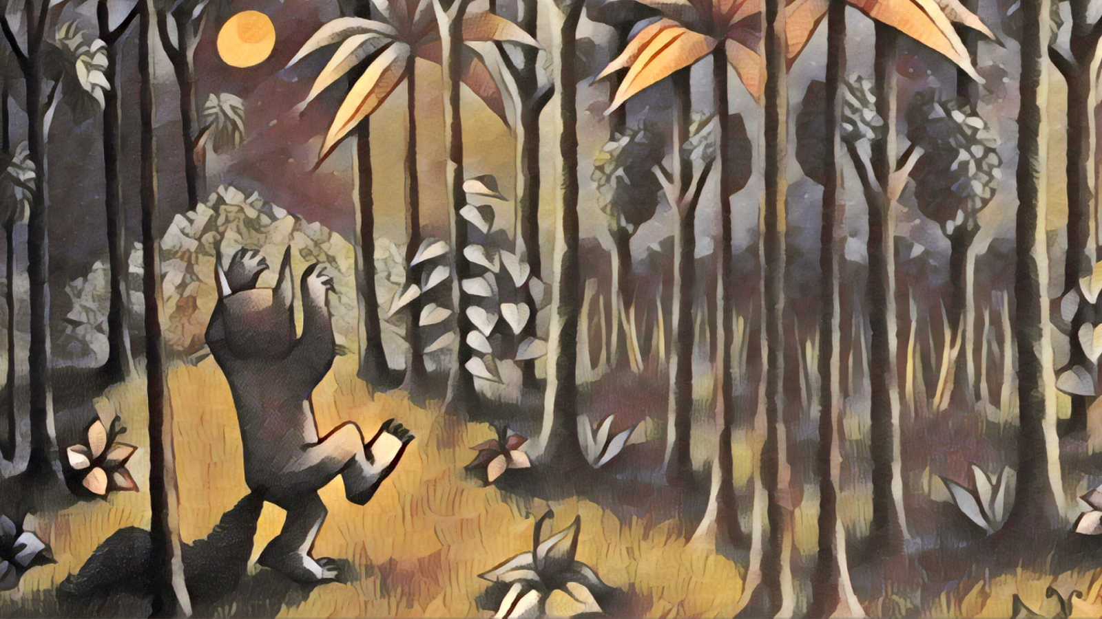 la pittura, foresta, notte, Luna, Dove sono le cose selvagge, Maurice Sendak, mitologia, murale, ARTE, arte Moderna