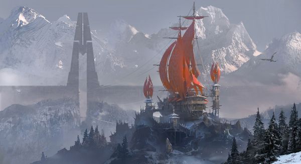 ship, digital art, fantasy art, 3 LY Studio, mountains, dragon