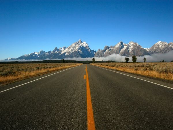 road, marking, mountains, line, yellow, fog