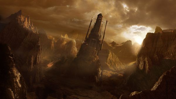 landscape, mountains, digital art, sunlight, fantasy art, rock