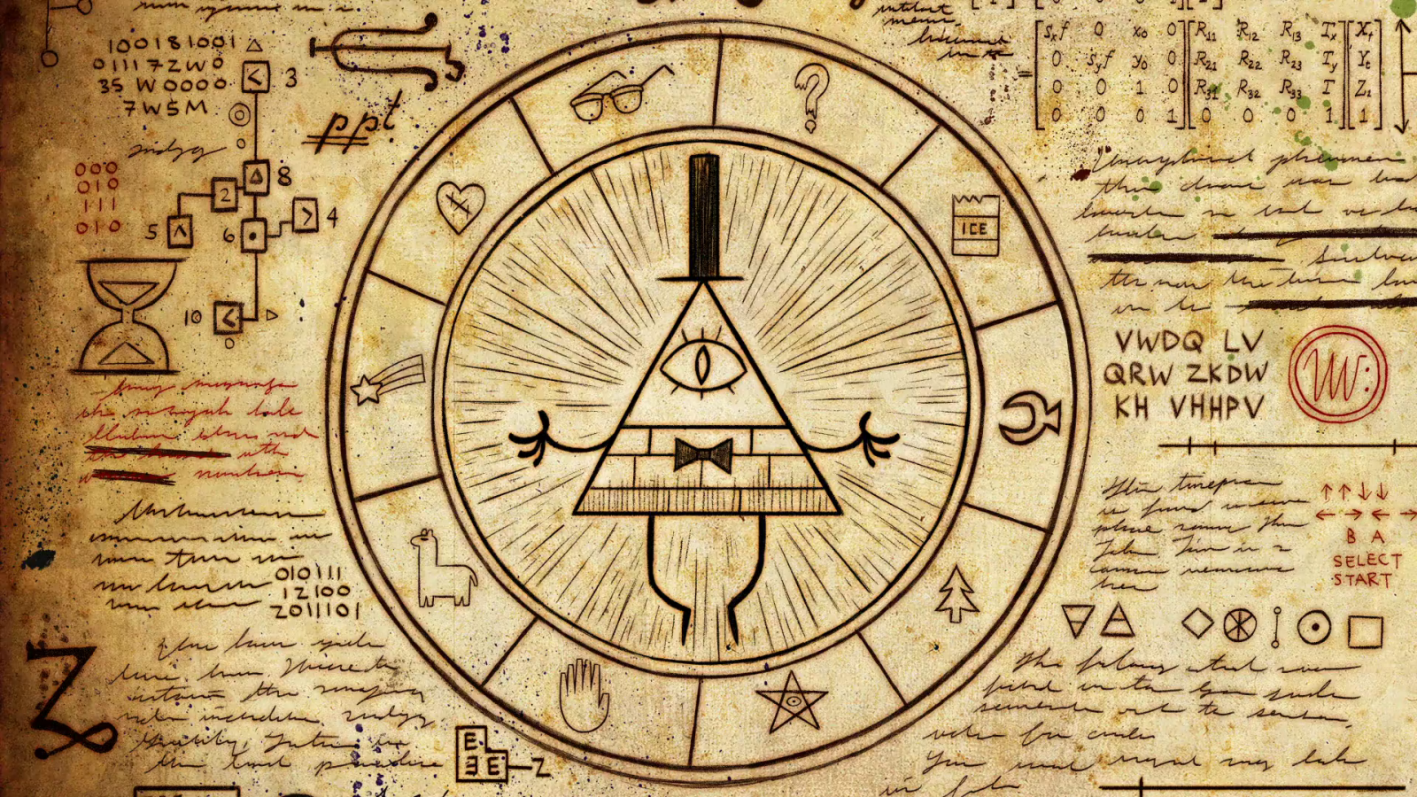 gravitační Falls, Bill Cipher, dávná historie, font, archeologické naleziště
