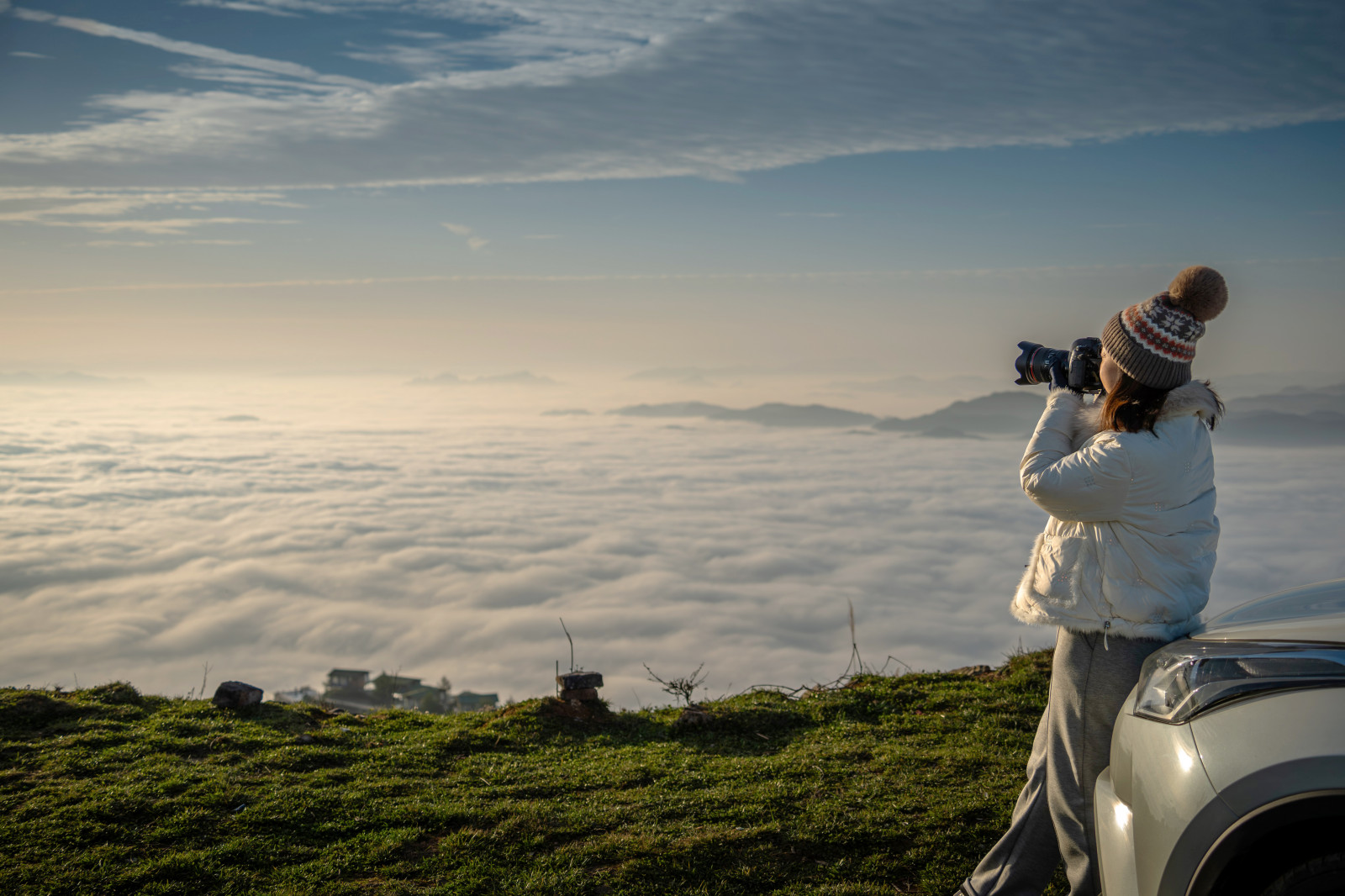 mraky, Příroda, ženy, auto, svítání